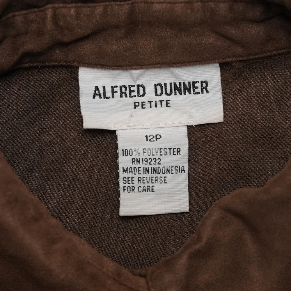 Alfred Dunner Shirt Womens 12P Brown Faux Suede Embroidered Petite Button Up